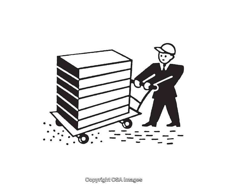 Man Moving Stacked Boxes on Trolley in Black and White Illustration