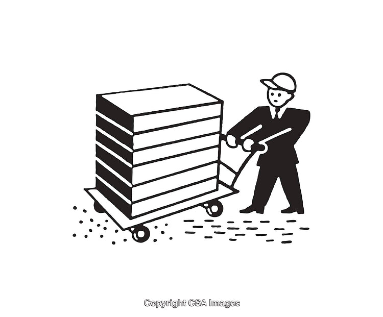 Man Moving Stacked Boxes on Trolley in Black and White Illustration