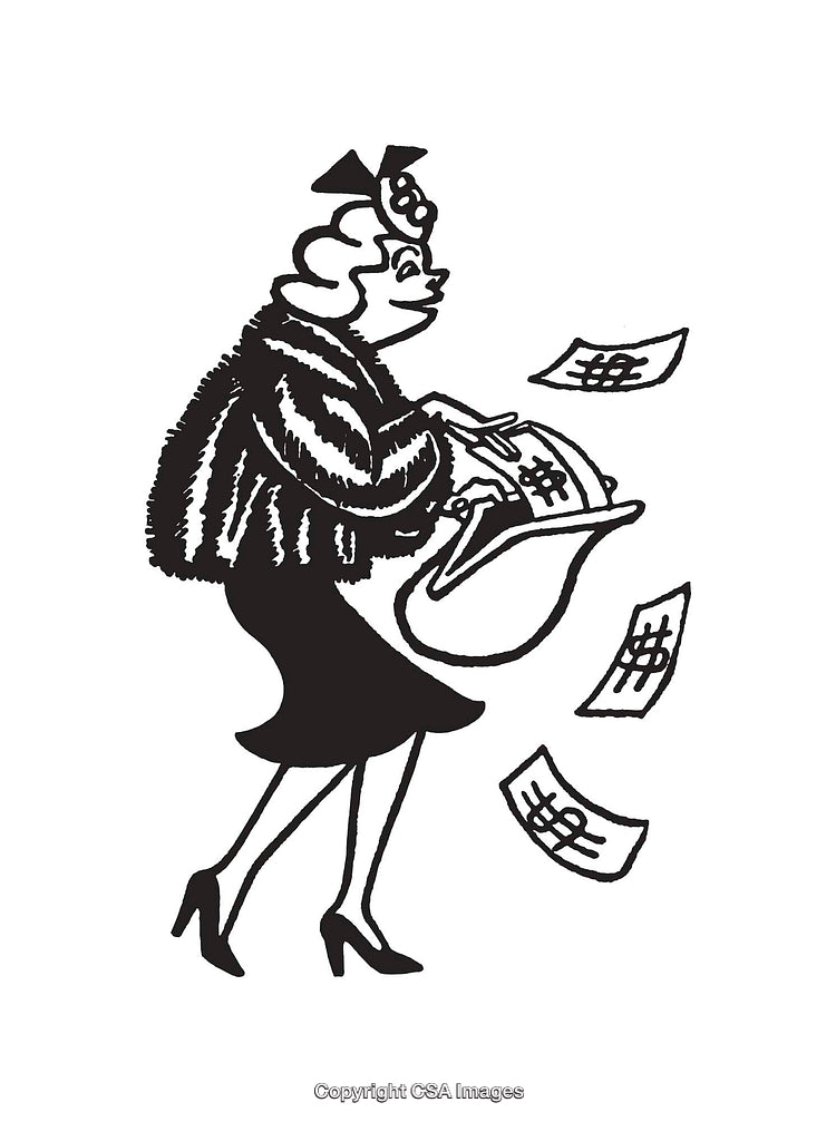 Retro Line Art Illustration of a Lady Dropping Cash