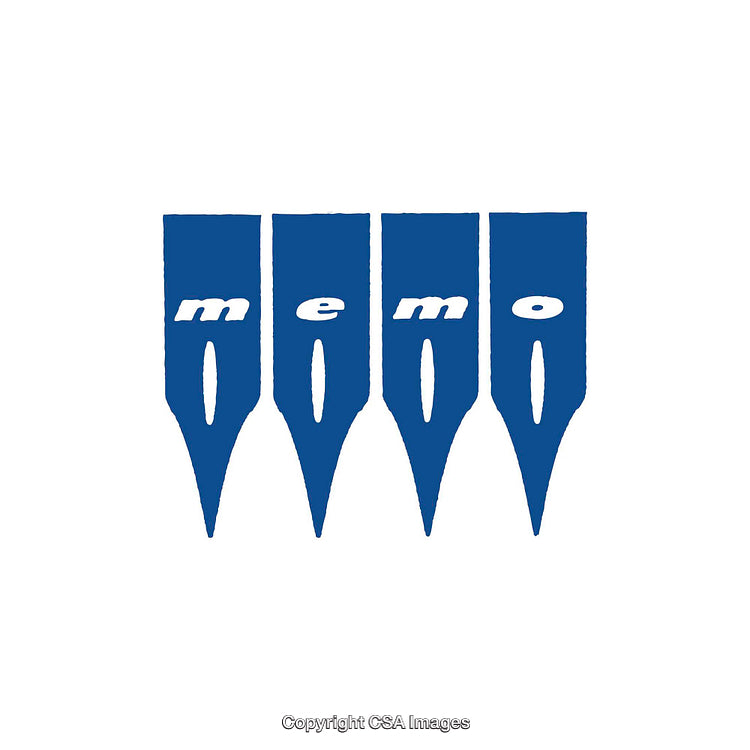 Stylized Blue Wordmark Representing "Memo" with Pen Nib Motif