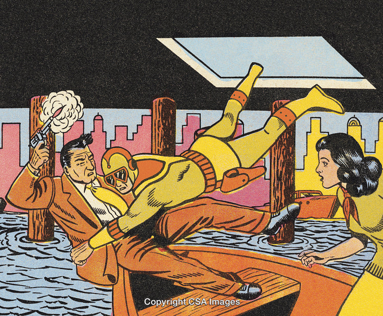 Retro Comic Fight Scene with Hero, Villain, and Concerned Observer Near Water