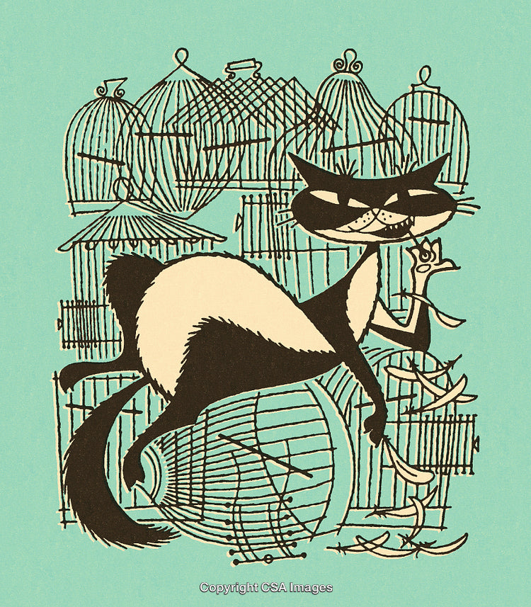 Stylized Illustration of a Cat Among Birdcages in a Vibrant Artistic Design