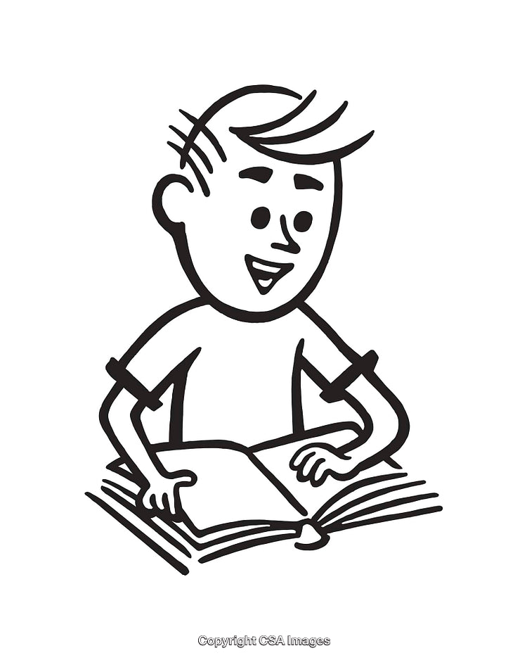 Black and White Line Art of Happy Boy Reading a Book