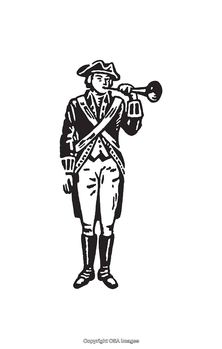 Vintage Black and White Line Art of Colonial Era Trumpet Player