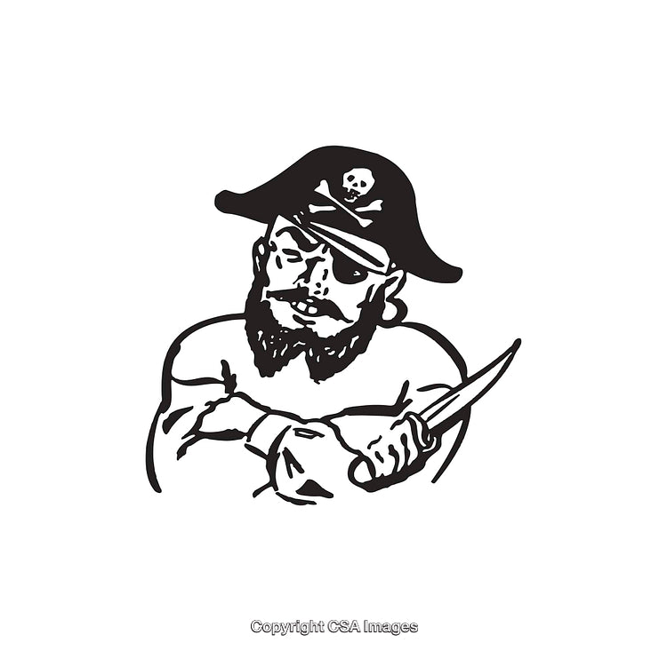 Black and White Line Art Illustration of a Pirate Holding a Dagger