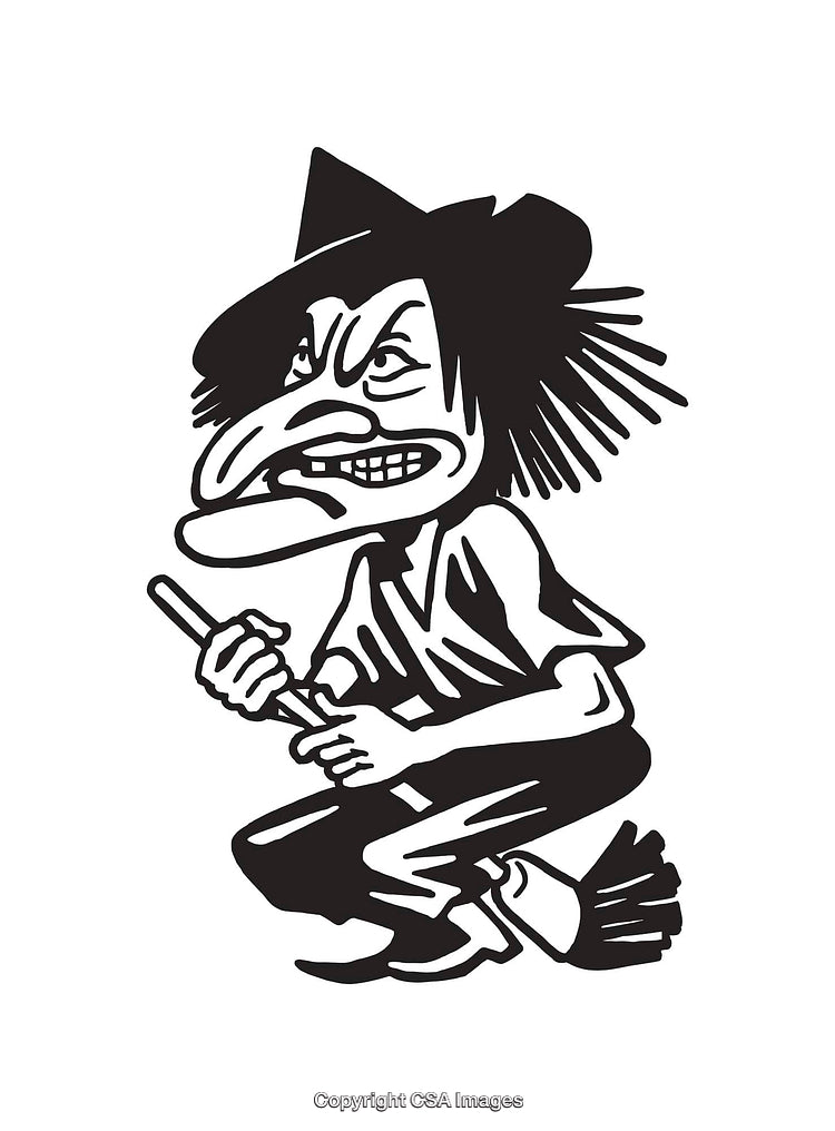 Black and White Illustration of a Witch Riding a Broomstick