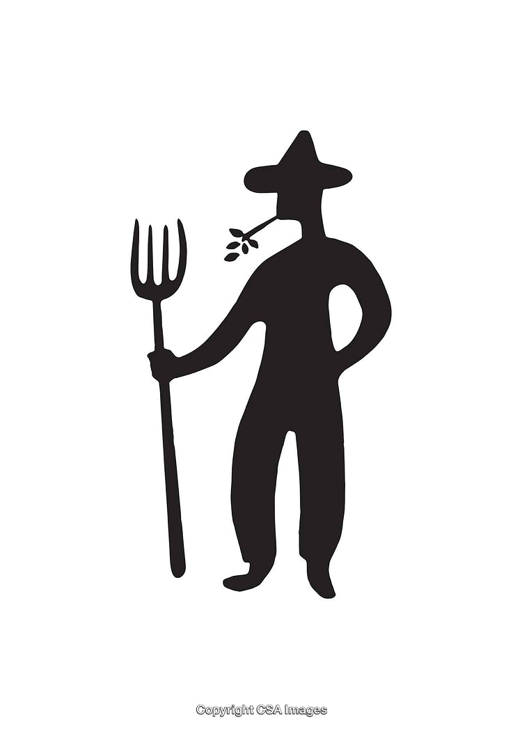 Silhouette Of Farmer Holding Pitchfork and Chewing a Twig