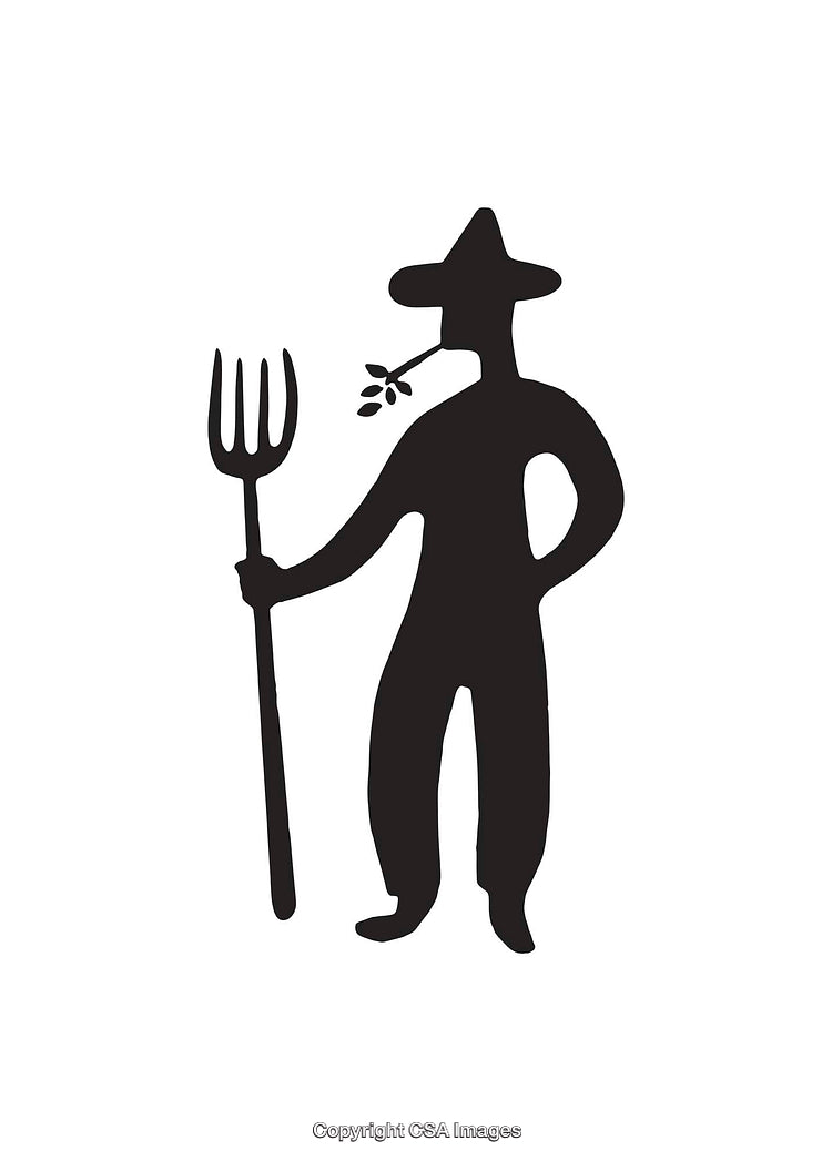 Silhouette Of Farmer Holding Pitchfork and Chewing a Twig