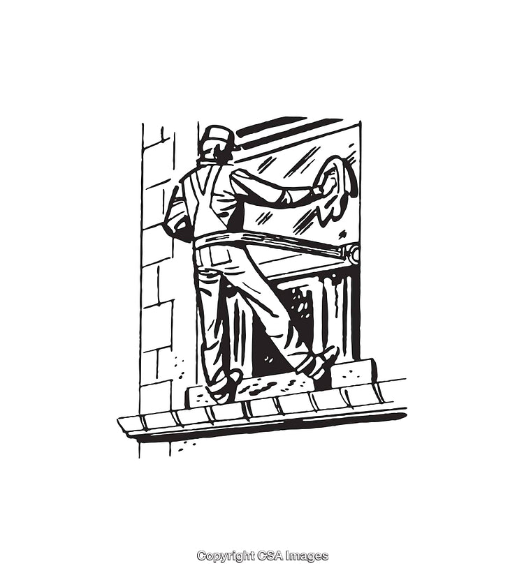 Black and White Illustration of a Window Cleaner Balancing on a Ledge