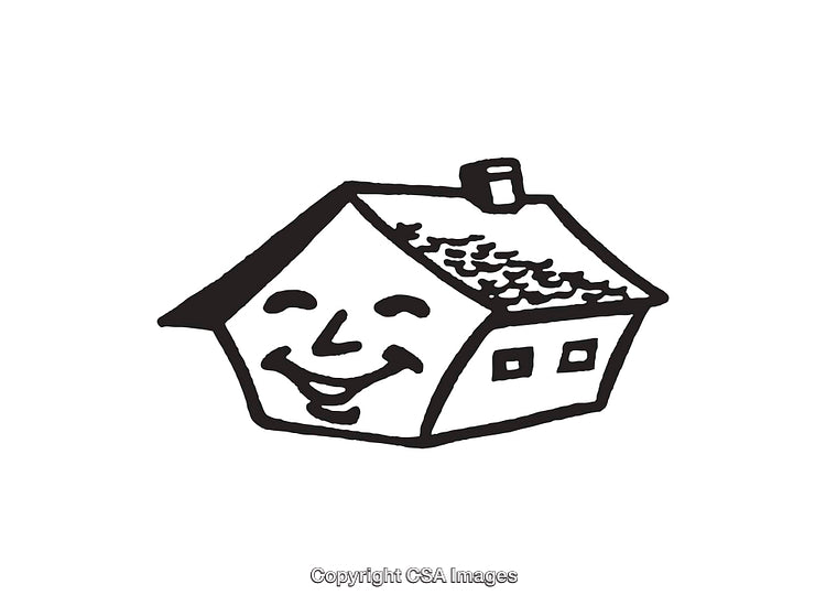 Black And White Line Art of a Smiling House Illustration