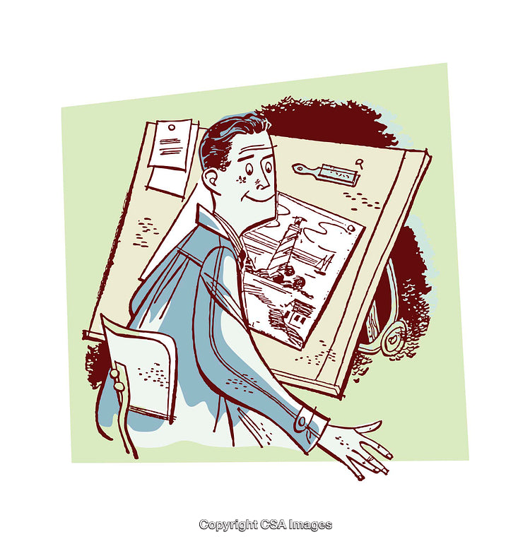 Retro Illustration of a Cartoon Figure at a Desk with Papers