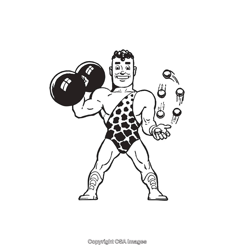 Strongman Juggling and Lifting Dumbbells in Detailed Line Art Illustration