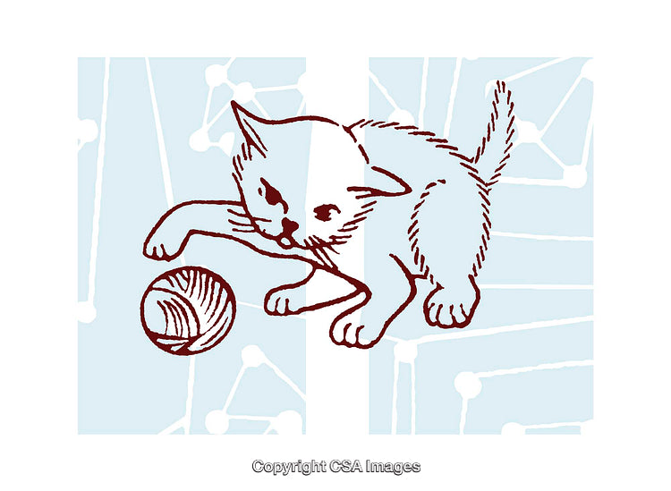 Illustrated Playful Kitten Playing With Ball Of Yarn on Abstract Background