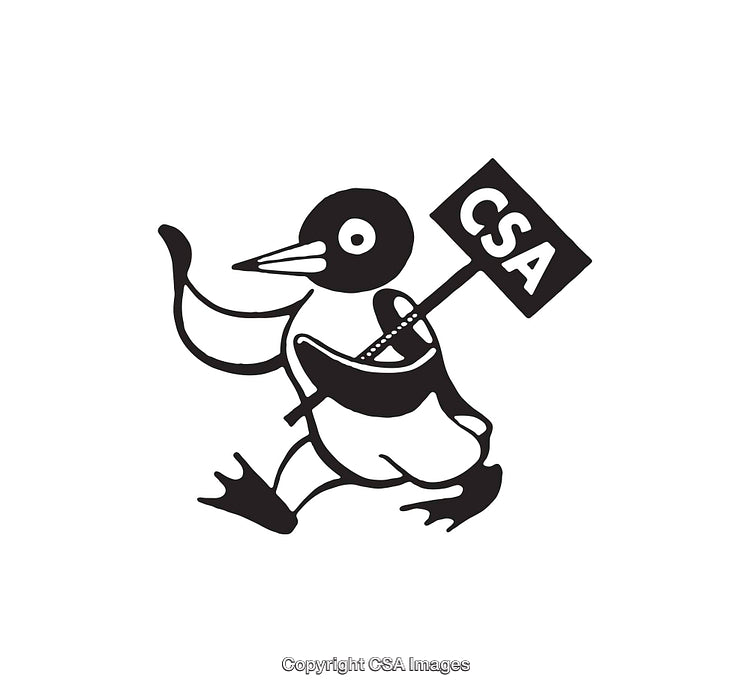 Black and White Line Art of a Penguin Character with a CSA Sign