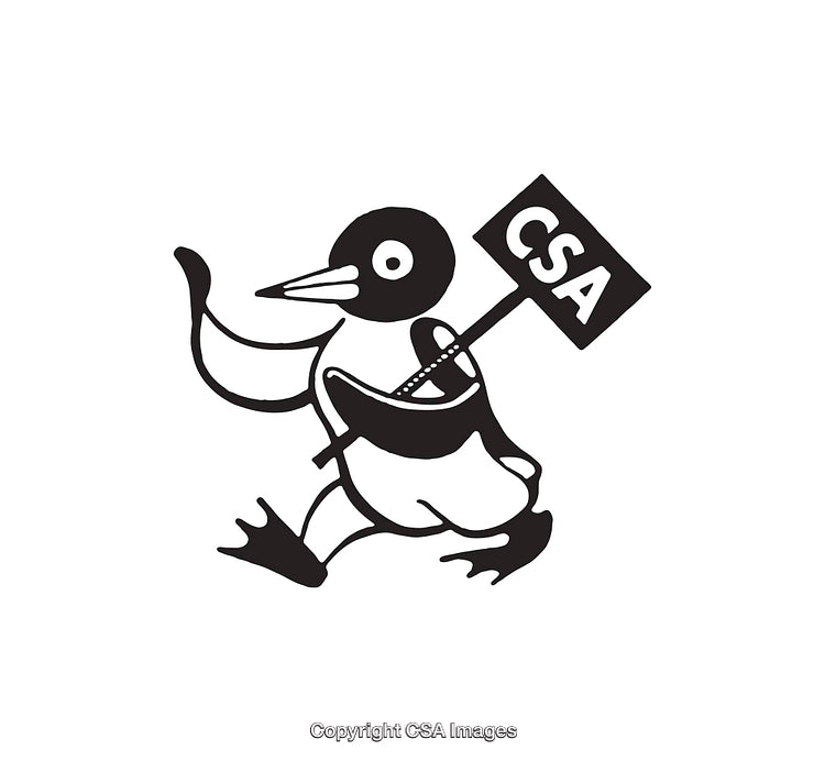 Black and White Line Art of a Penguin Character with a CSA Sign