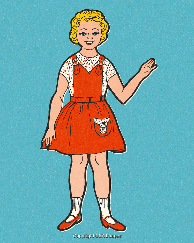 Retro Illustration of Girl in Red Dress on Vintage Blue Background
