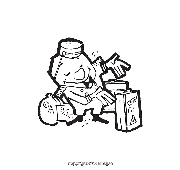 Black and White Line Art Featuring a Bellhop Cartoon Character