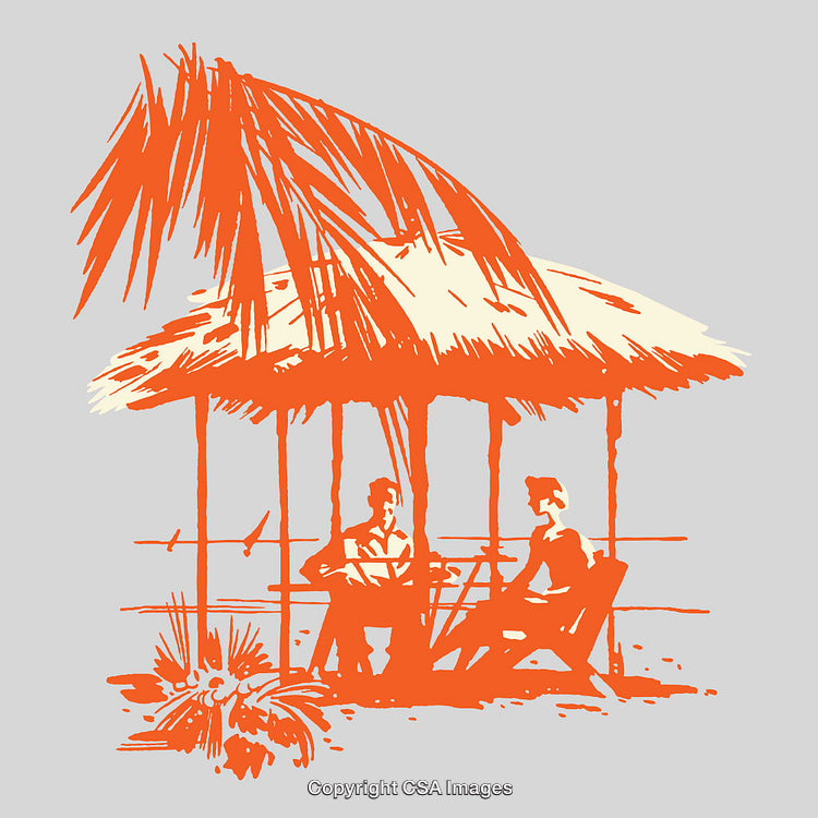 Rustic Line Art of People Relaxing Under a Palm Thatched Hut