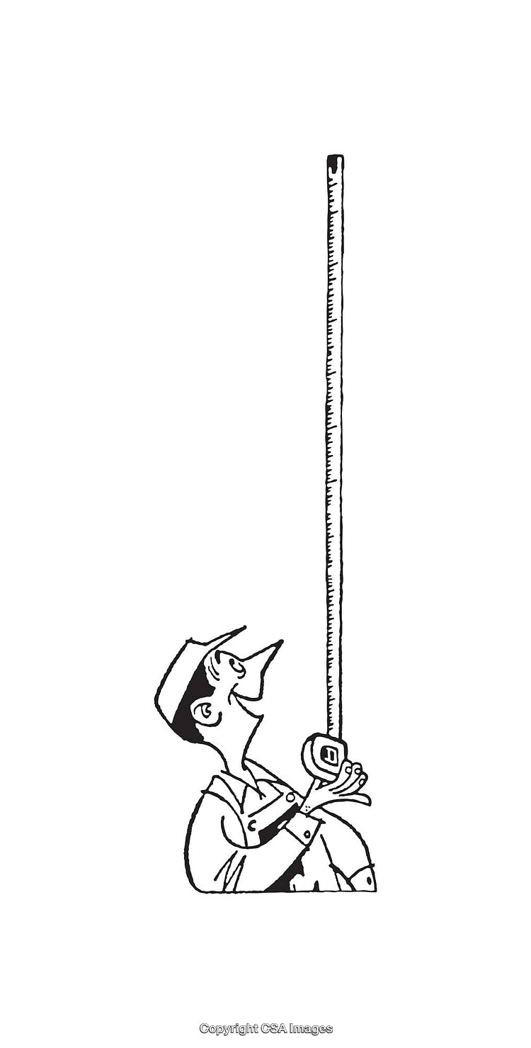 Black And White Cartoon of a Worker Measuring Something With a Tape Measure