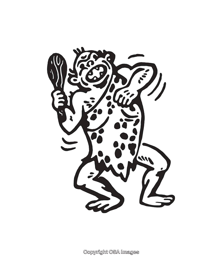 Black and White Cartoon Caveman Holding Club and Expressing Joy