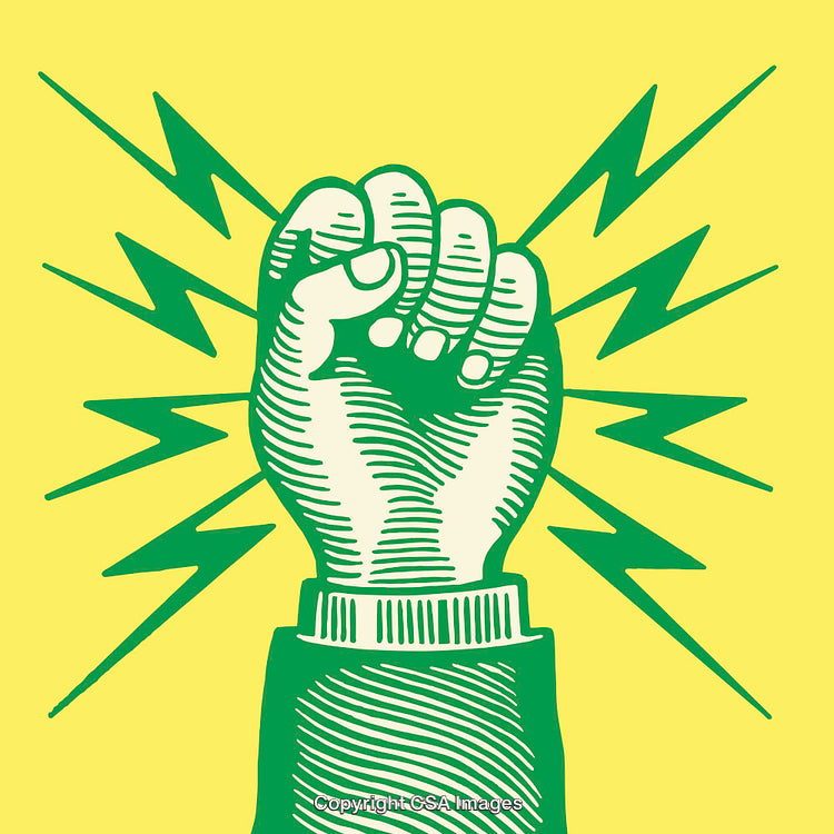 Illustration of a Fist with Lightning on a Bold Yellow Background
