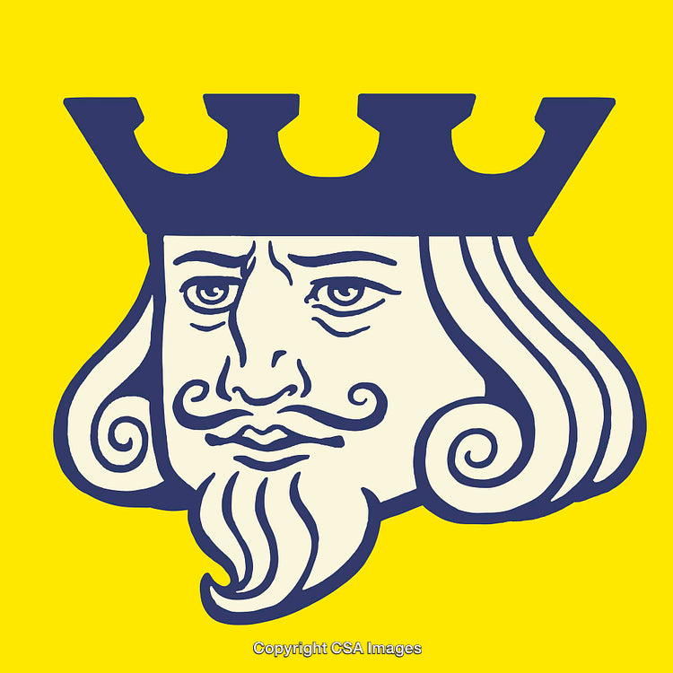 Colorful King Illustration in Vintage Line Art Style on Yellow Background