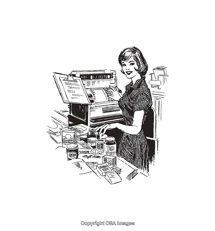 Retro Line Art Illustration of Woman at Old Cash Register Counter