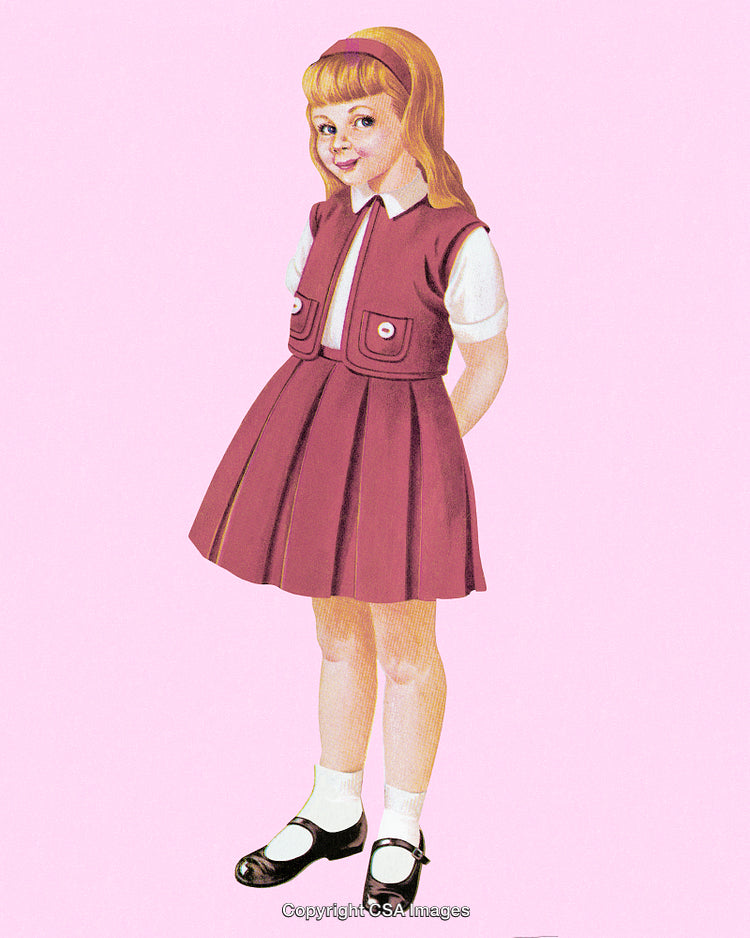 Retro Illustration Of Young Girl In Pink Dress On Light Background