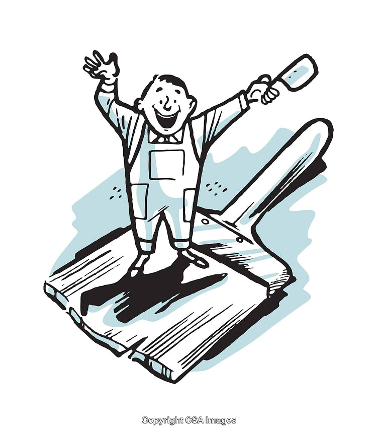Cheerful Worker Standing on Giant Paintbrush in Cartoon Style