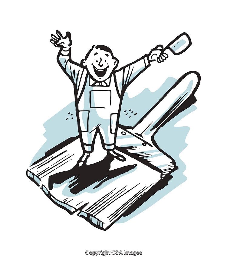 Cheerful Worker Standing on Giant Paintbrush in Cartoon Style