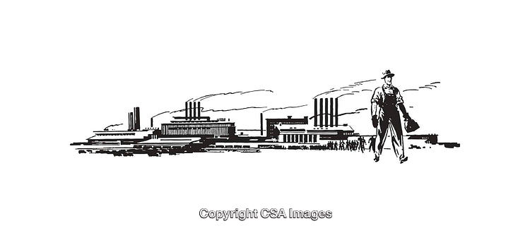Industrial Line Art with Factory and Worker Illustration
