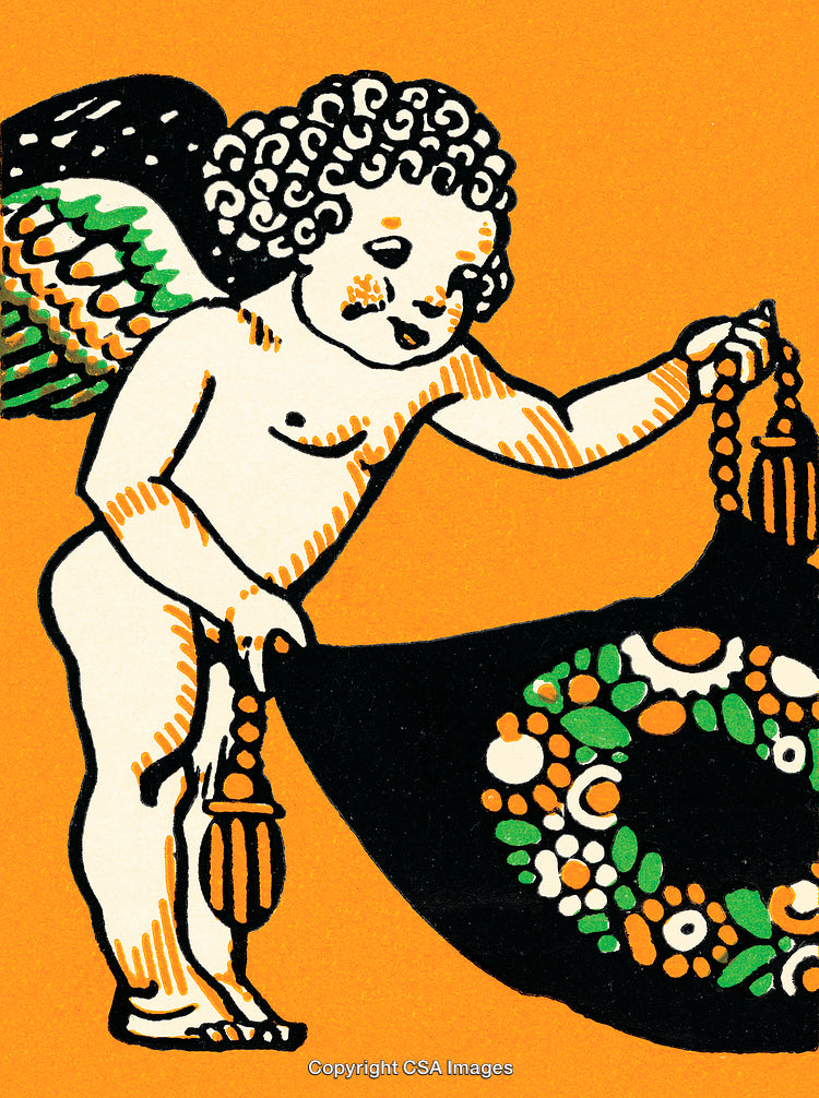 Vintage Illustration of a Cherub Holding a Festive Garland on Orange Background
