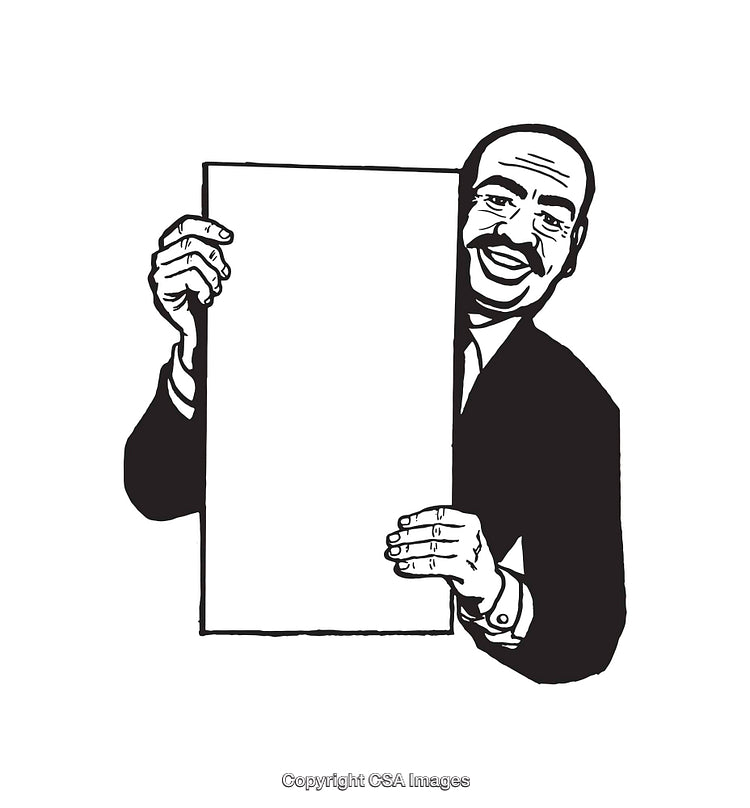 Black and White Illustration of Man Holding Blank Sign Smiling