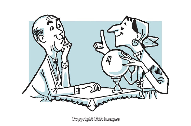 Cartoon Illustration of a Fortune Teller With Crystal Ball and Client
