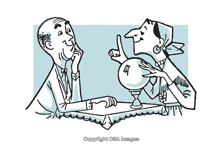 Cartoon Illustration of a Fortune Teller With Crystal Ball and Client