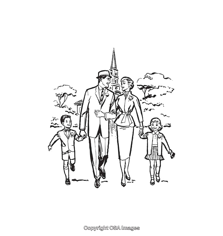 Vintage Line Art Illustration of a Happy Family Walking Together Outdoors