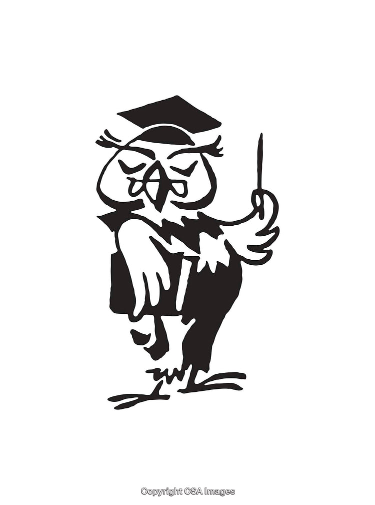 Cartoon Owl Professing Wearing Graduation Cap in Black and White Art