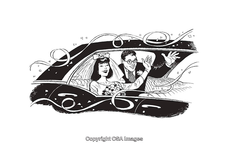 Black And White Line Art Illustration of a Happy Newlywed Couple in Car