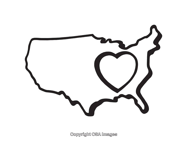 Black and White USA Map Line Art with Heart Symbol