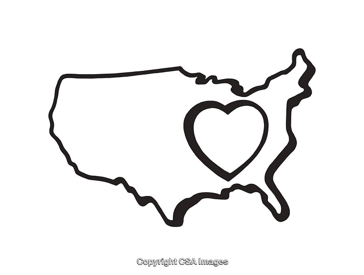 Black and White USA Map Line Art with Heart Symbol