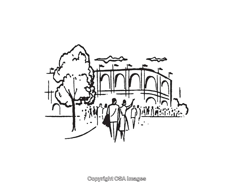 Black and White Illustration of People Heading to a Large Event Venue