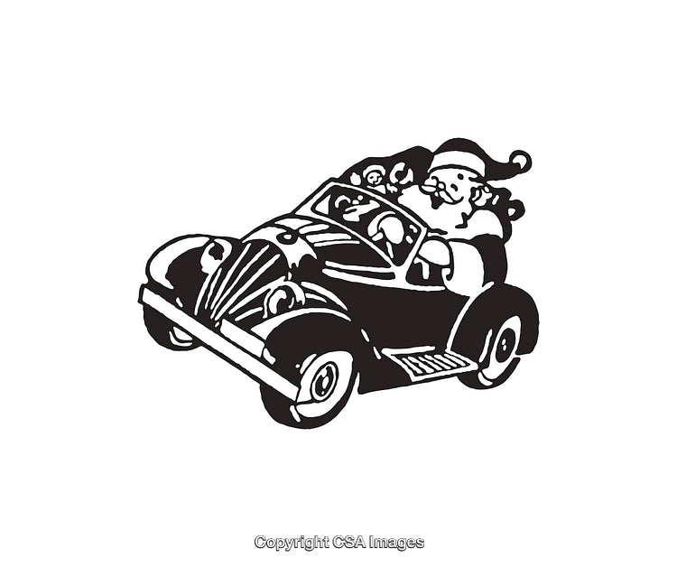 Retro Santa Claus Driving a Sleigh-Inspired Car with Gifts and Joy