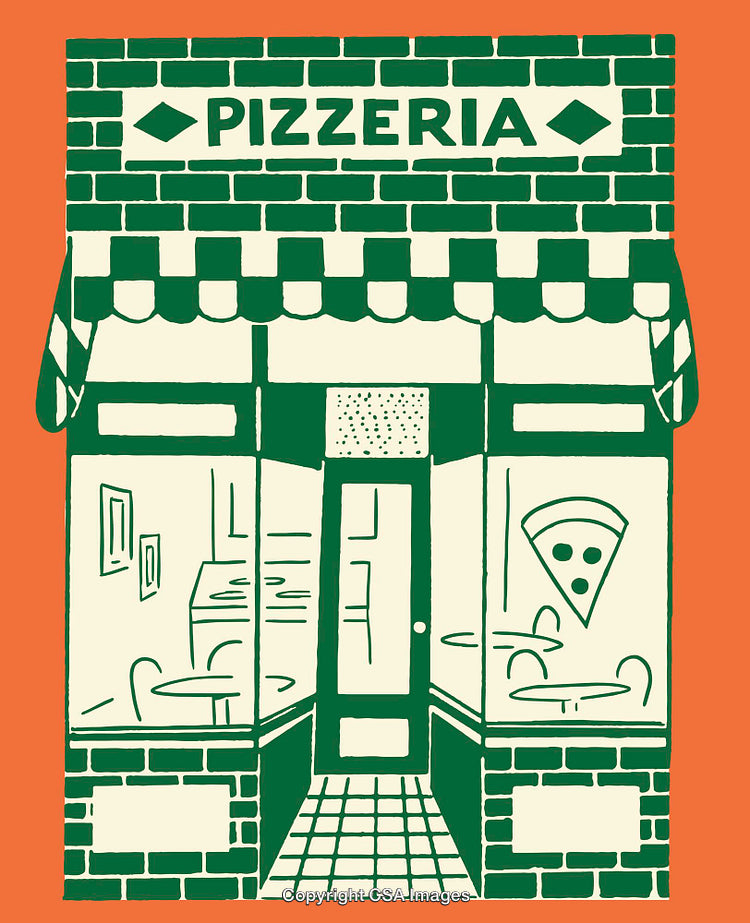 Vintage Pizzeria Illustration Front View with Green and Orange Color Scheme