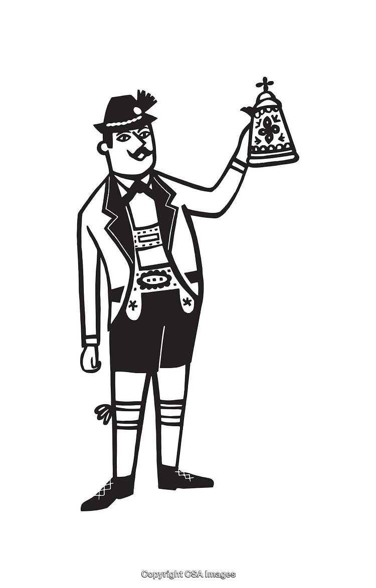 Black and White Line Art Illustration of Traditional Bavarian Man With Beer Stein
