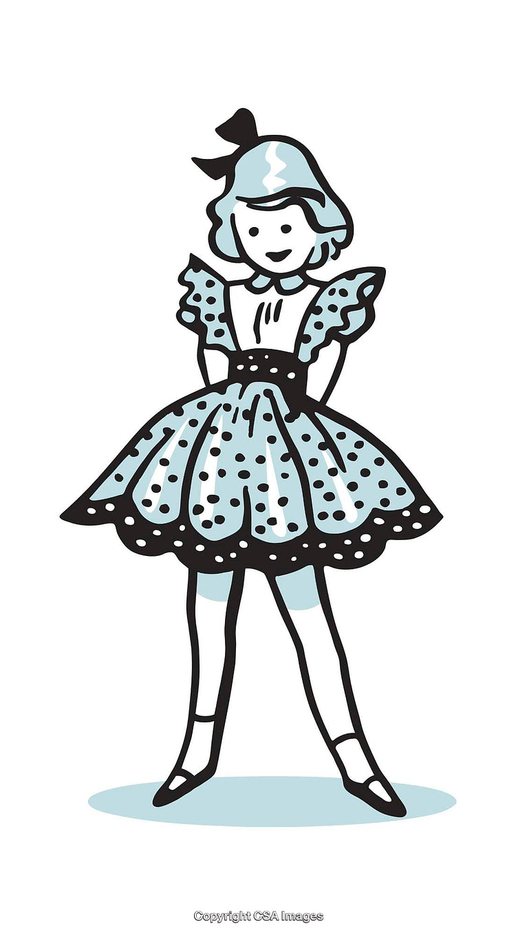 Retro Blue Girl Illustration With Polka Dot Dress in Vintage Style