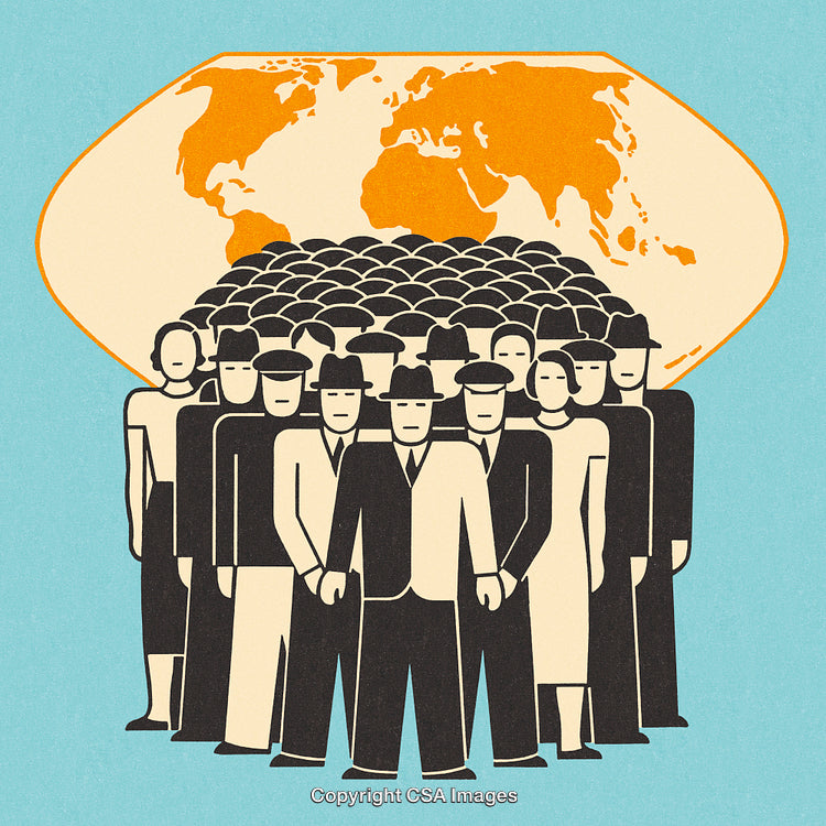 Group of People Standing Together Beneath a Map of the World