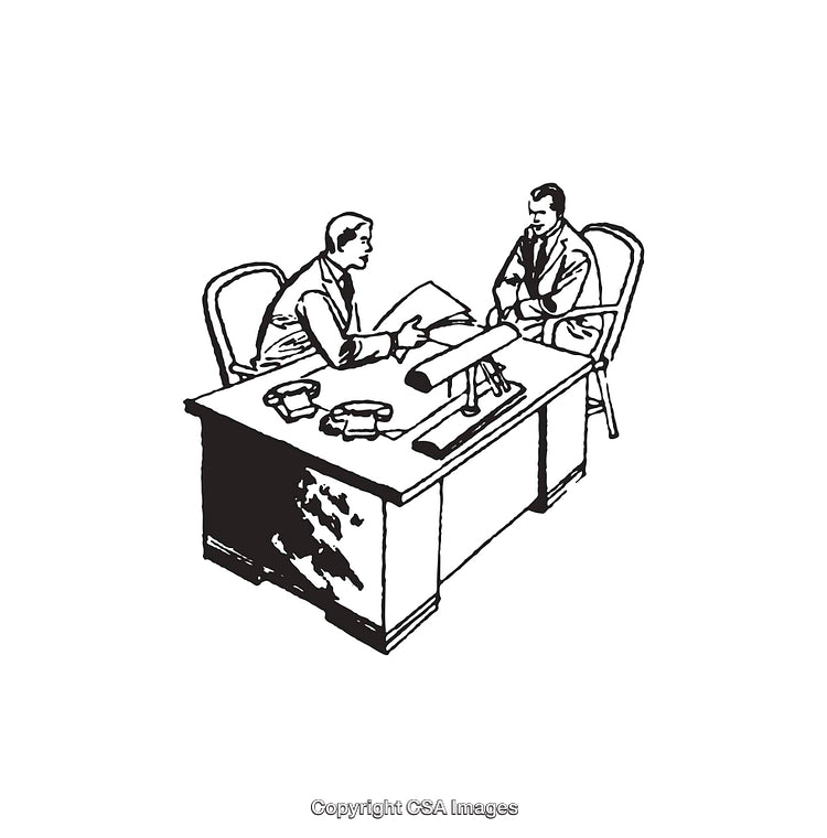 Line Art Illustration of a Professional Business Discussion at a Desk