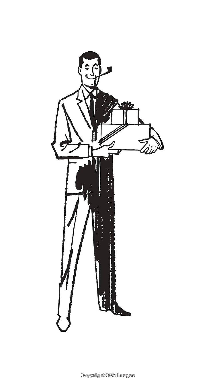 Retro Illustration of a Man Holding Gift Boxes and Smoking