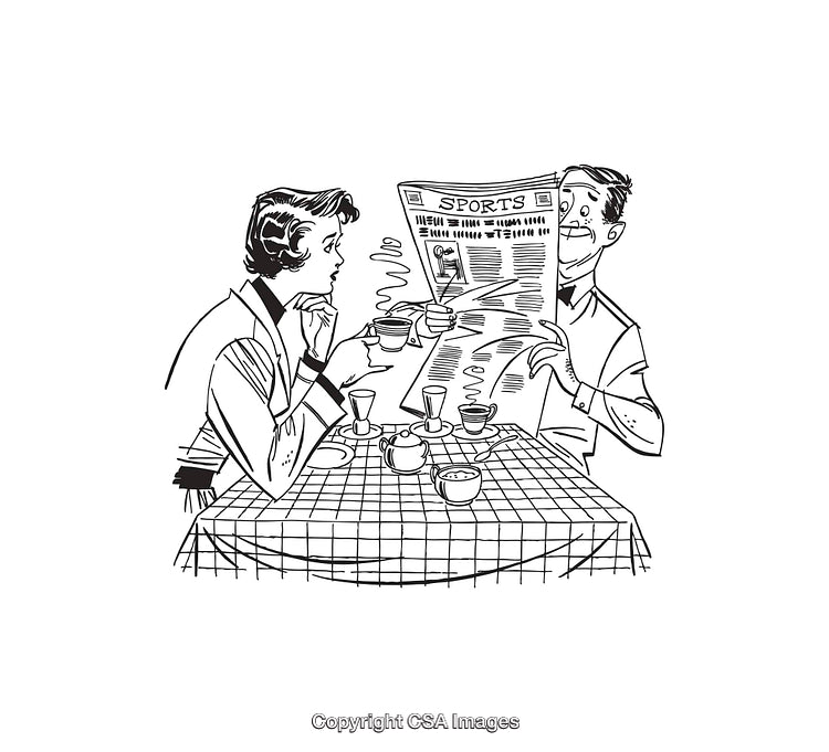 Illustration of a Couple in a Café with Newspaper and Coffee Cups