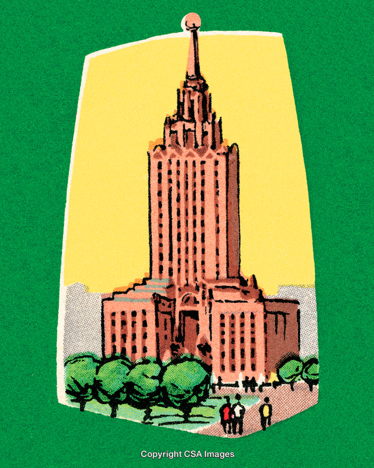 Vintage Illustration Depicting a Majestic Skyscraper with Green Landscape